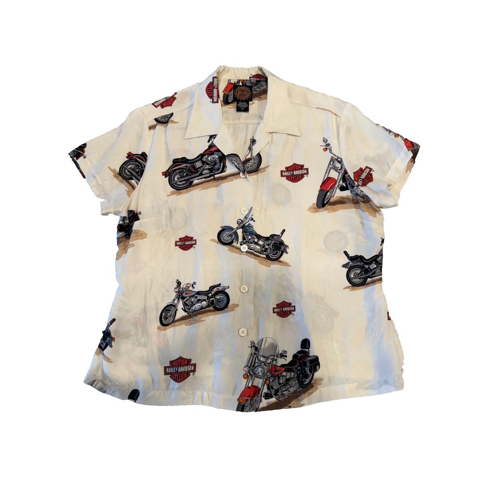 Harley-Davidson Shirt Women's‎ Large Beige Silk Printed Notch Lapel Button-Up